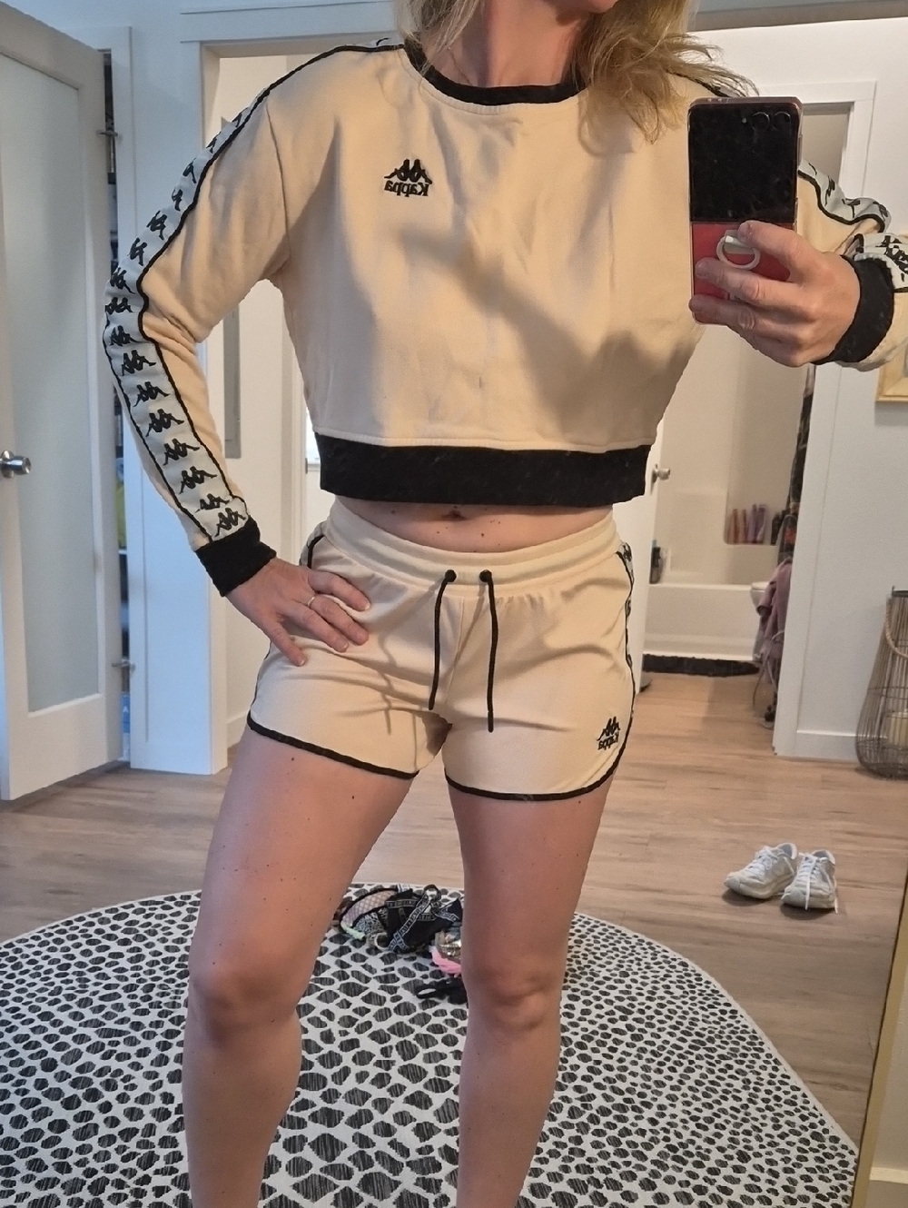 Kappa Light Peach Athletic Shorts Sweatshirt Set with Black Piping